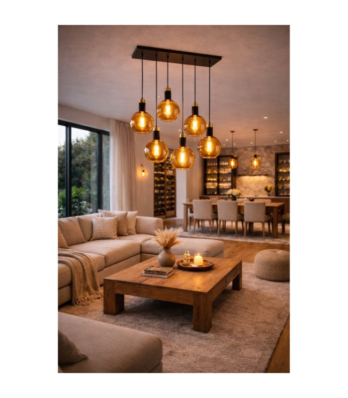 Auralis Cluster Pendant Ceiling Light Black Gold Amber Glass Shade 6x E27-2