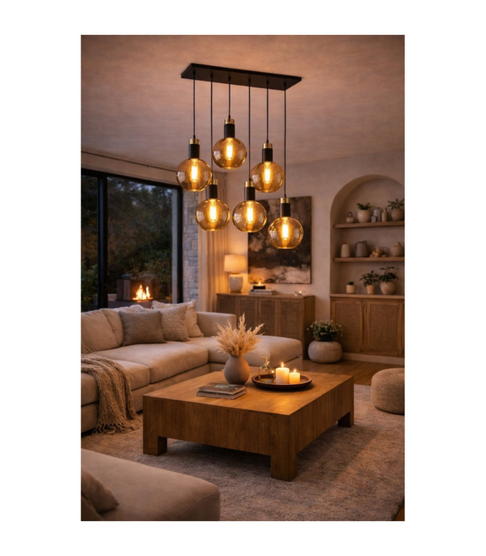 Auralis Cluster Pendant Ceiling Light Black Gold Amber Glass Shade 6x E27-4