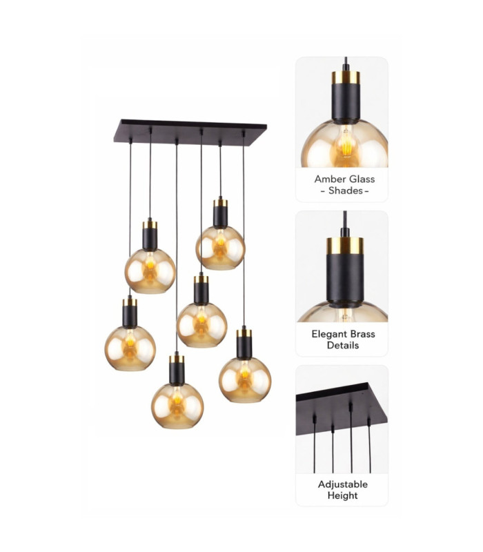 Auralis Cluster Pendant Ceiling Light Black Gold Amber Glass Shade 6x E27-5