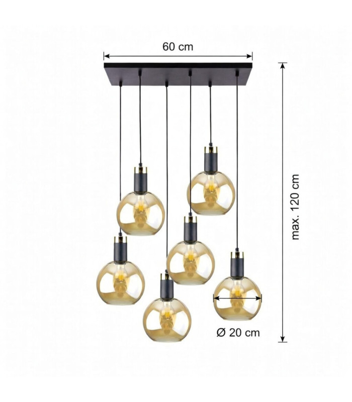 Auralis Cluster Pendant Ceiling Light Black Gold Amber Glass Shade 6x E27-9