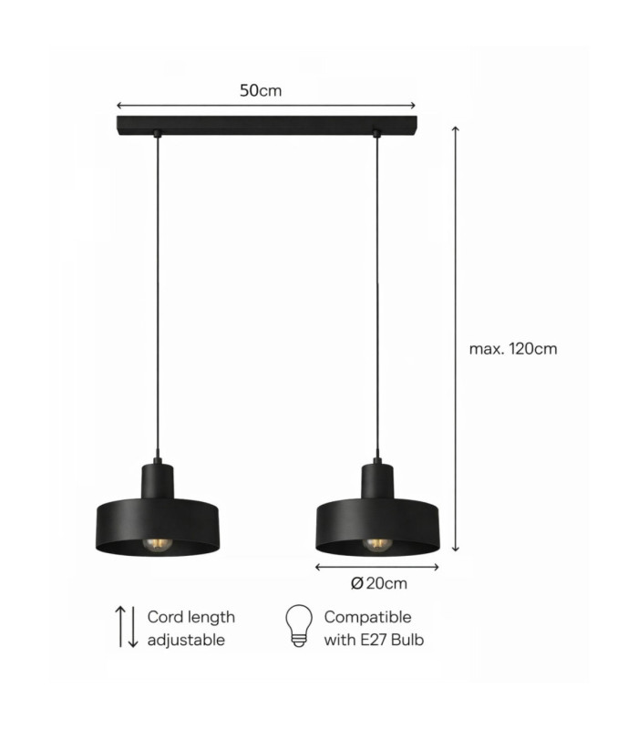 Velyo Bar Pendant Ceiling Light Black 2x E27-5