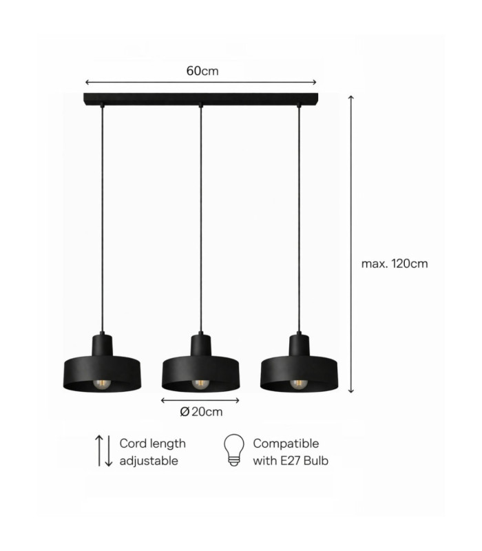 Velyo Bar Pendant Ceiling Light Black 3x E27-5