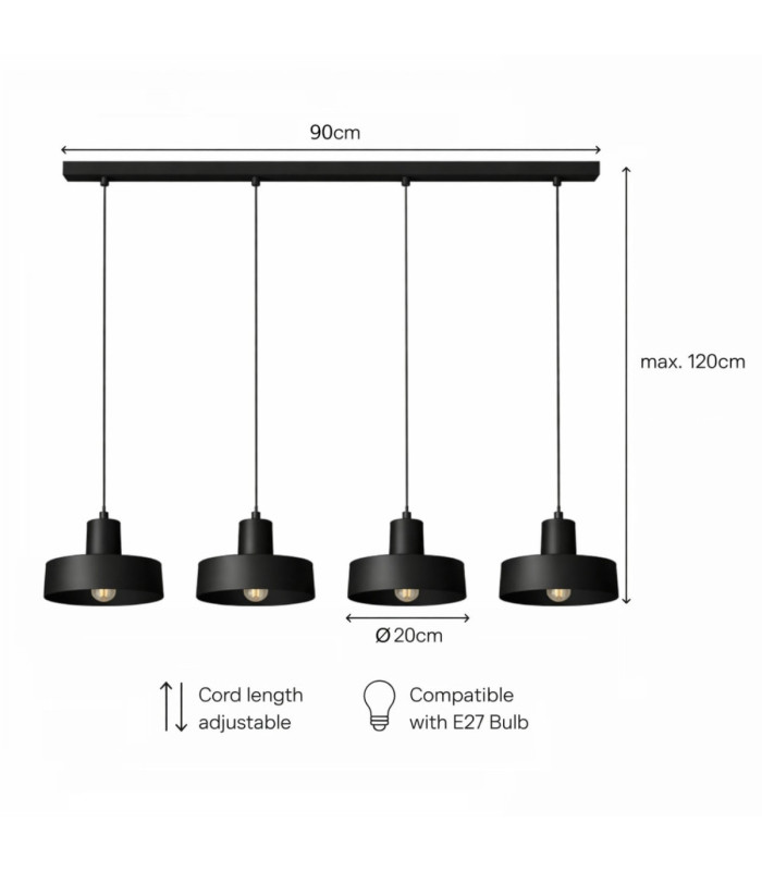 Velyo Bar Pendant Ceiling Light Black 4x E27-5