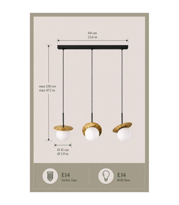 Aura Bar Pendant Ceiling Light Black Gold White Glass Shade 3x E27-4