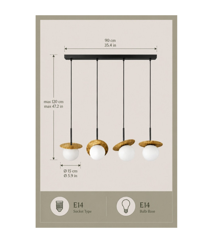 Aura Bar Pendant Ceiling Light Black Gold White Glass Shade 4x E27-4