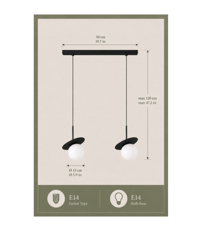 Aura Bar Pendant Ceiling Light Black White Glass Shade 2x E27-4