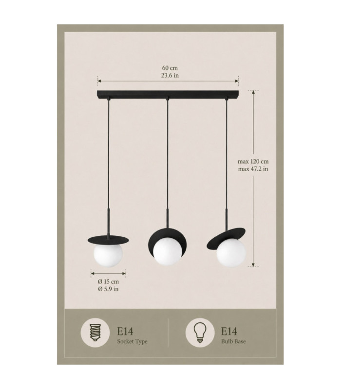 Aura Bar Pendant Ceiling Light Black White Glass Shade 3x E27-4