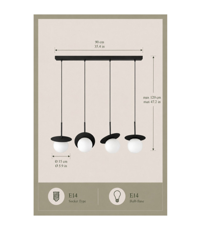 Aura Bar Pendant Ceiling Light Black White Glass Shade 4x E27-4