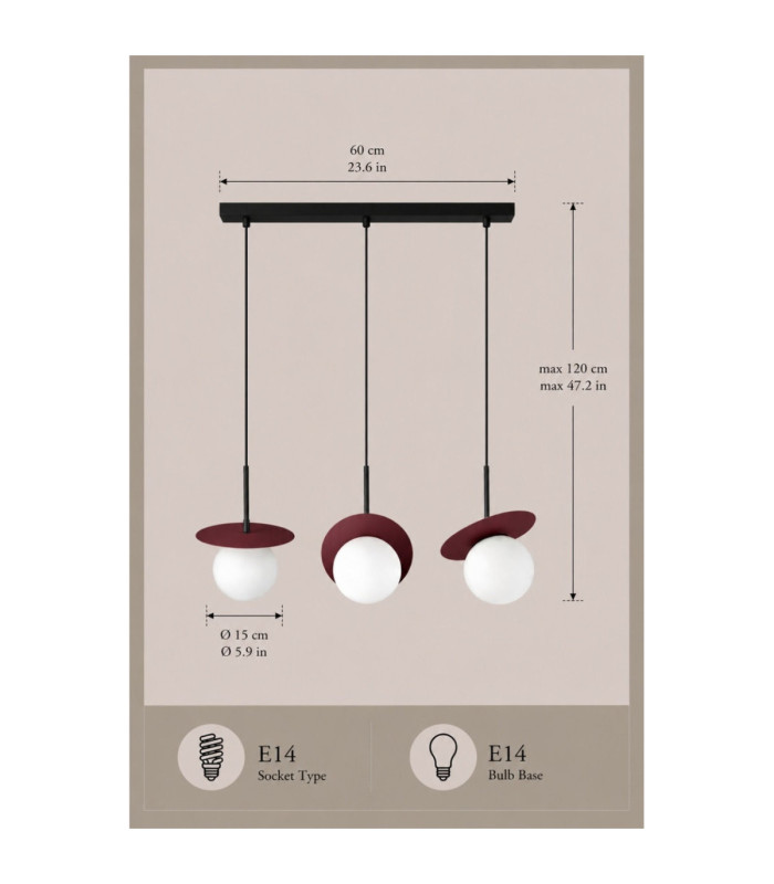 Aura Bar Pendant Ceiling Light Black Burgundy White Glass Shade 3x E27-4