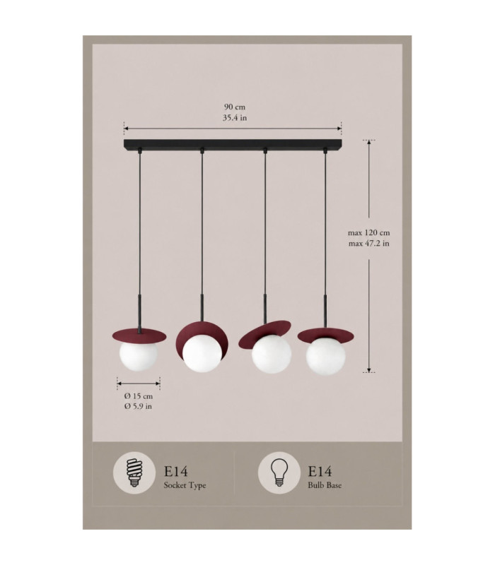 Aura Bar Pendant Ceiling Light Black Burgundy White Glass Shade 4x E27-4