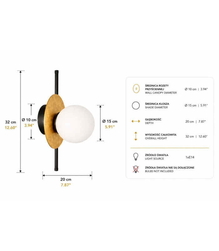 Luma Globe Wall Lights Black Gold White Glass Shade 1x E27-4