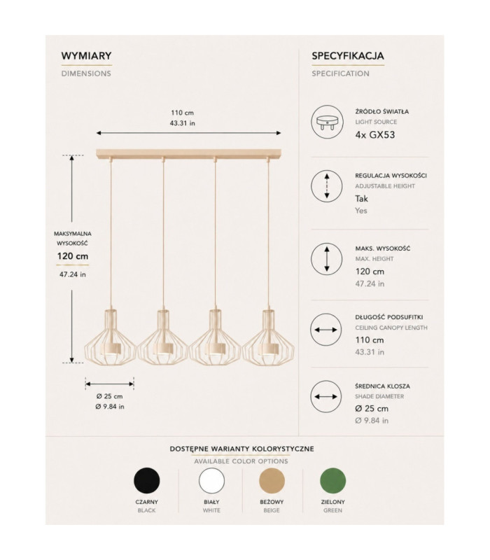 Axia Bar Pendant Ceiling Light Beige 4x GX53-4