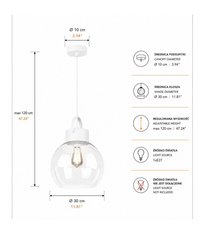 Hanson Dome Pendant Ceiling Light White Clear Glass Shade 1x E27-4