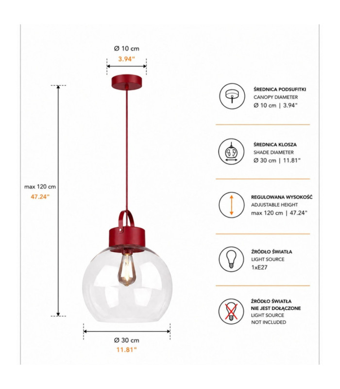 Hanson Dome Pendant Ceiling Light Burgundy Clear Glass Shade 1x E27-4