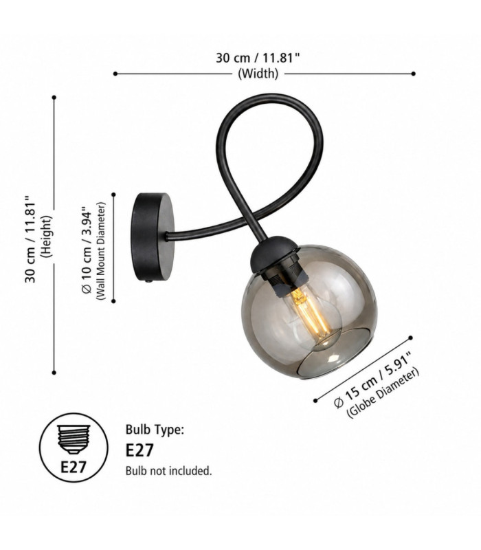 Lyra Wall Lamp Black Smoky Glass Shade 1x E27-4