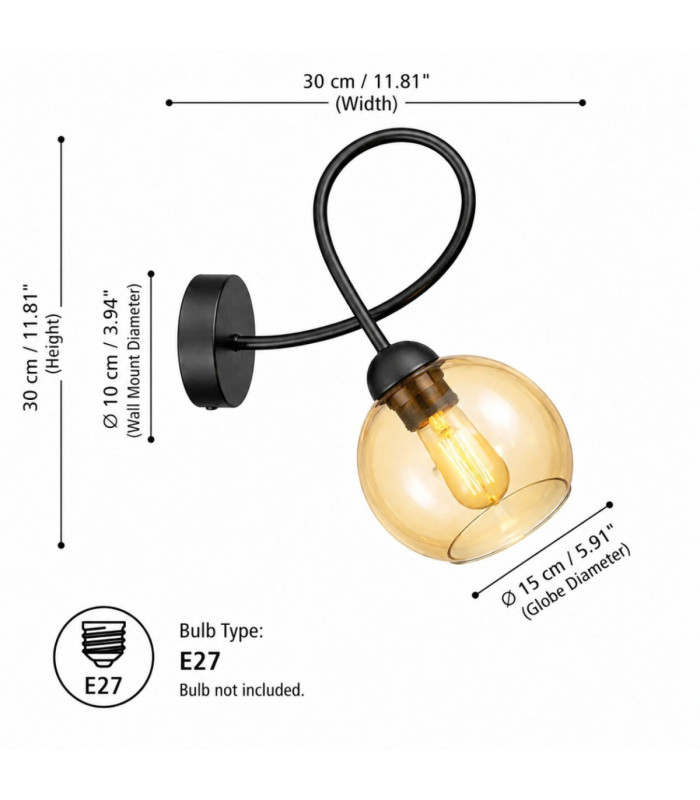Lyra Wall Lamp Black Amber Glass Shade 1x E27-4