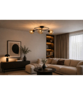 Lyra Multi Arm Semi Flush Ceiling Lamp Black Amber Glass Shade 3x E27-2