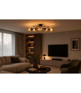 Lyra Multi Arm Semi Flush Ceiling Lamp Black Amber Glass Shade 5x E27-2