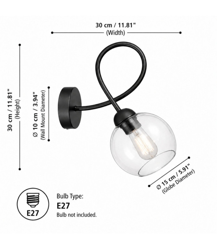 Lyra Wall Lamp Black Transparent Glass Shade 1x E27-4