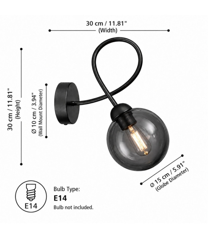 Lyra Globe Wall Lights Black Smoky Glass Shade 1x E27-4