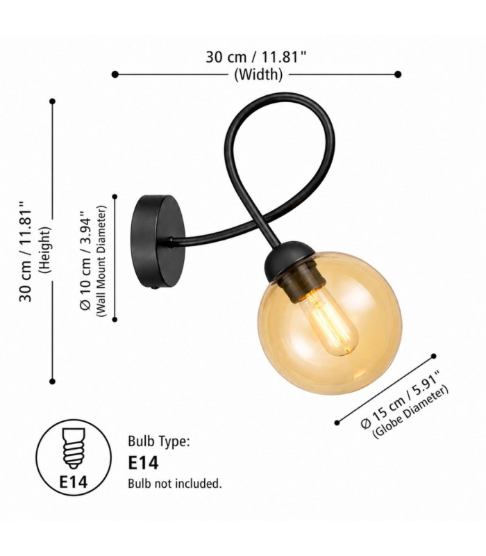 Lyra Globe Wall Lights Black Amber Glass Shade 1x E27-3