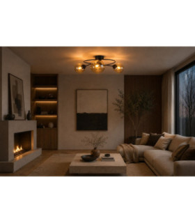 Lyra Globe Ceiling Light Black Amber Glass Shade 3x E27-2