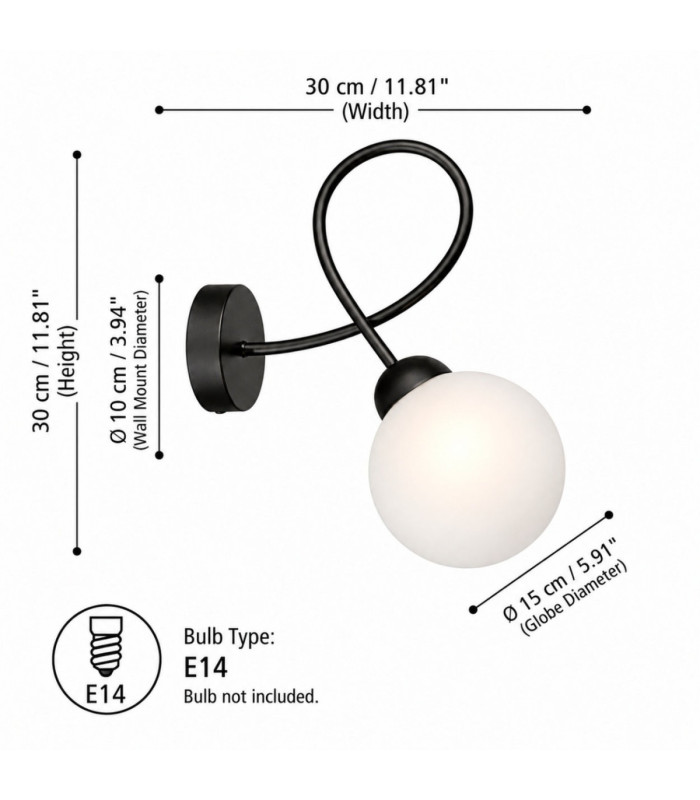 Lyra Globe Wall Lights Black White Glass Shade 1x E27-3