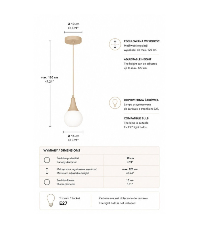 Lacrima Slim Pendant Ceiling Light Beige White Glass Shade 1x E27-4
