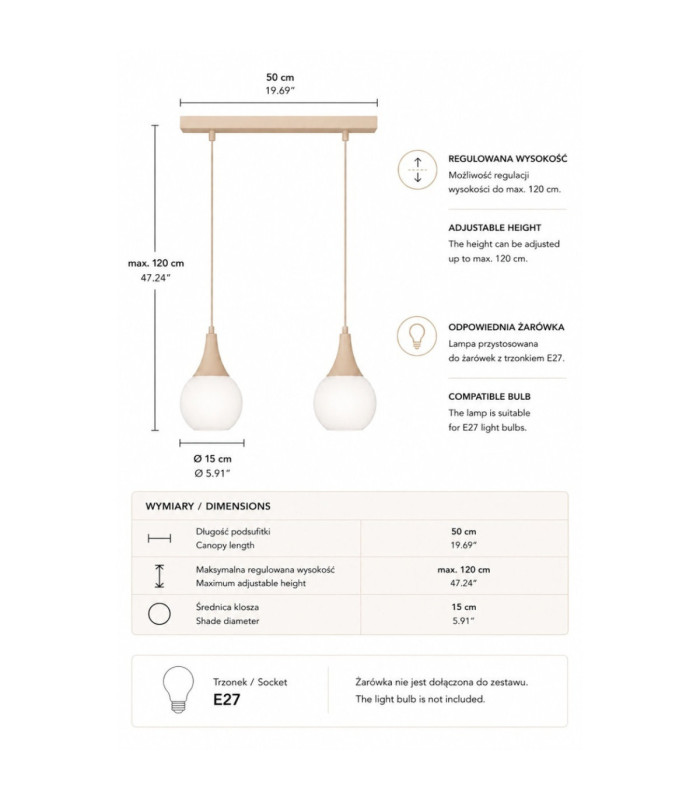 Lacrima Bar Pendant Ceiling Light Beige White Glass Shade 2x E27-4