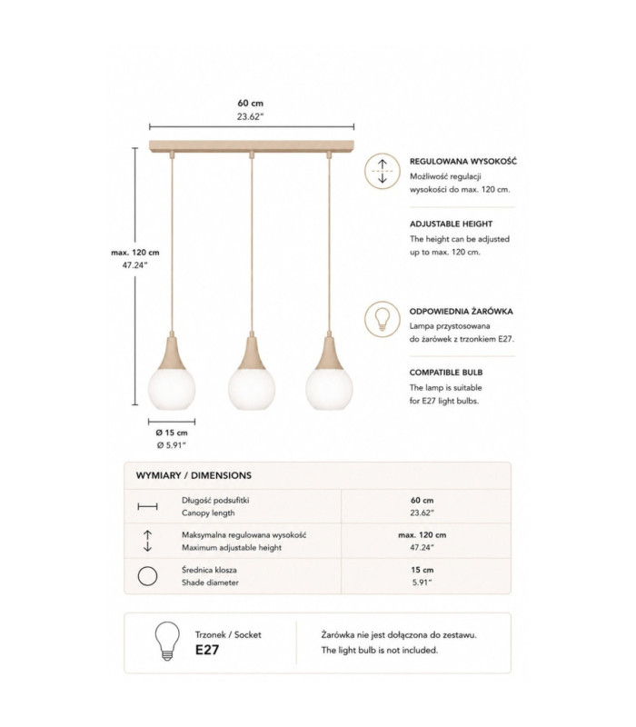 Lacrima Bar Pendant Ceiling Light Beige White Glass Shade 3x E27-4