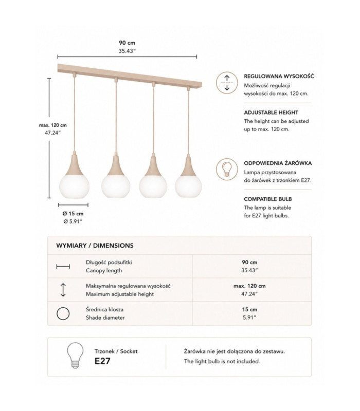 Lacrima Bar Pendant Ceiling Light Beige White Glass Shade 4x E27-4