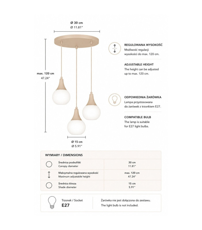 Lacrima Cluster Pendant Ceiling Light Beige White Glass Shade 3x E27-4