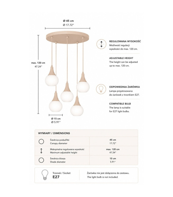 Lacrima Cluster Pendant Ceiling Light Beige White Glass Shade 5x E27-4