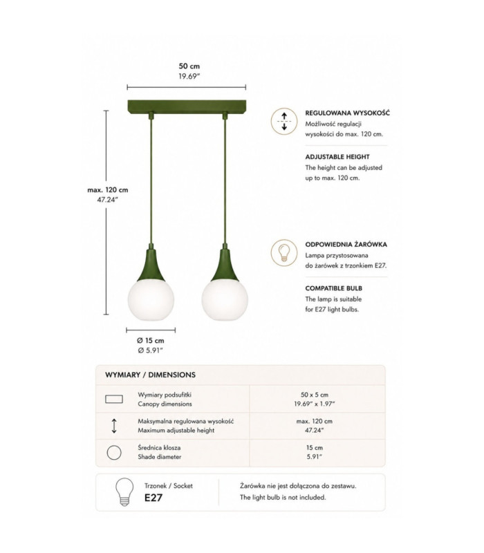 Lacrima Bar Pendant Ceiling Light Green White Glass Shade 2x E27-4