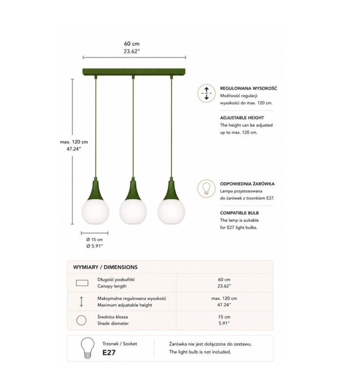 Lacrima Bar Pendant Ceiling Light Green White Glass Shade 3x E27-4