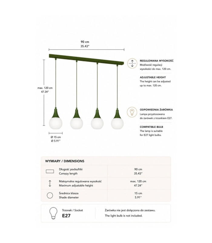 Lacrima Bar Pendant Ceiling Light Green White Glass Shade 4x E27-3
