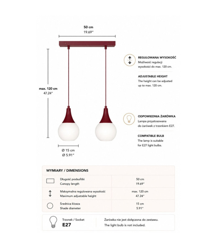 Lacrima Bar Pendant Ceiling Light Burgundy White Glass Shade 2x E27-4