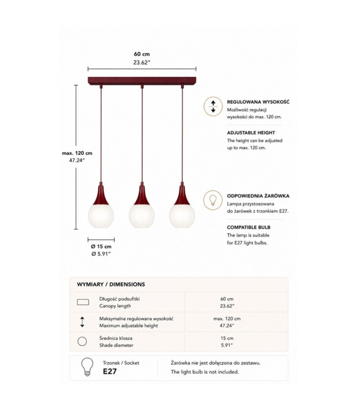 Lacrima Bar Pendant Ceiling Light Burgundy White Glass Shade 3x E27-4
