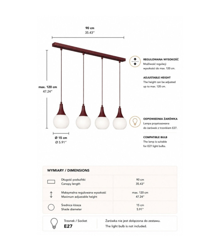 Lacrima Bar Pendant Ceiling Light Burgundy White Glass Shade 4x E27-4