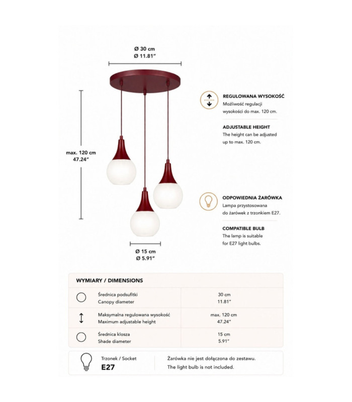 Lacrima Cluster Pendant Ceiling Light Burgundy White Glass Shade 3x E27-4