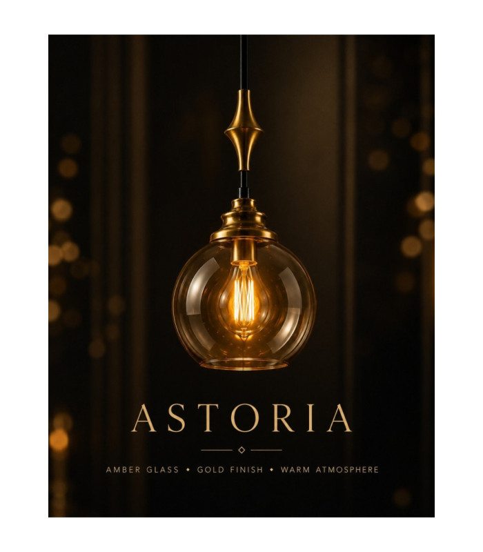 Astoria Slim Pendant Ceiling Light Black Gold Amber Glass Shade 1x E27-3