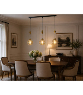 Astoria Bar Pendant Ceiling Light Black Gold Amber Glass Shade 3x E27-2