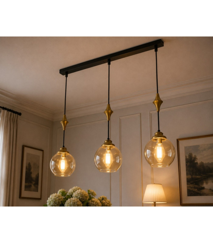 Astoria Bar Pendant Ceiling Light Black Gold Amber Glass Shade 3x E27-3