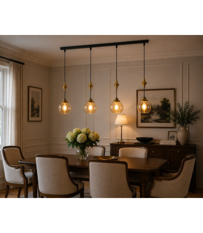 Astoria Bar Pendant Ceiling Light Black Gold Amber Glass Shade 4x E27-2