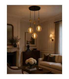 Astoria Cluster Pendant Ceiling Light Black Gold Amber Glass Shade 3x E27-2