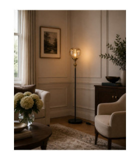 Astoria Floor Lamp Black Gold Amber Glass Shade 1x E27-2