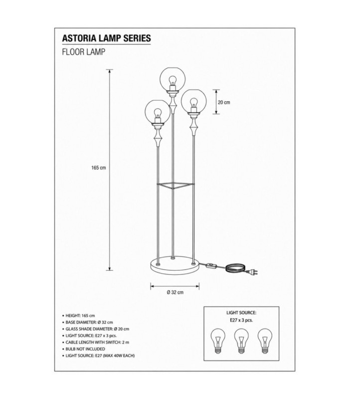 Astoria Multi Arm Floor Lamp Black Gold Amber Glass Shade 3x E27-4