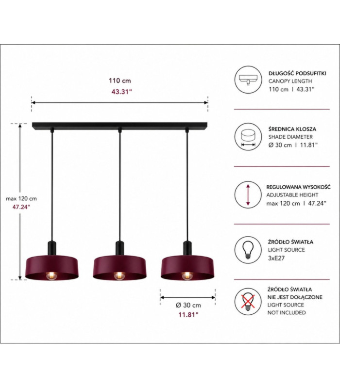 Wine Bar Pendant Ceiling Light Black Burgundy 3x E27-4