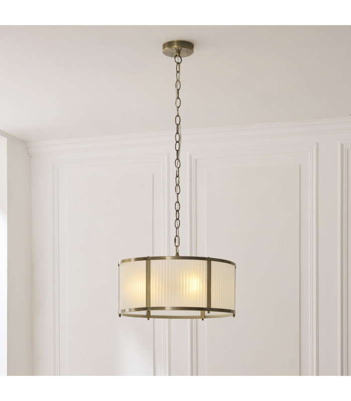 Ridgeton Cylindrical Pendant Light Antique Brass Frosted Ribbed Glass-3
