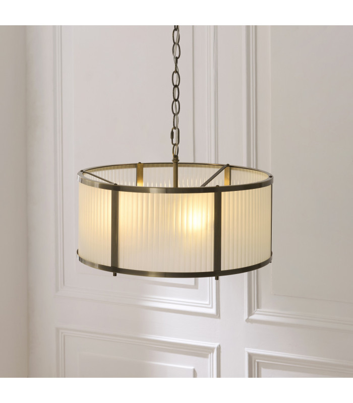 Ridgeton Cylindrical Pendant Light Antique Brass Frosted Ribbed Glass-5